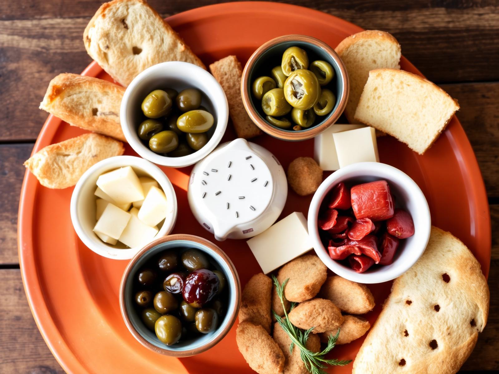 Aperitivo board with olives, salami, cheese and focaccia